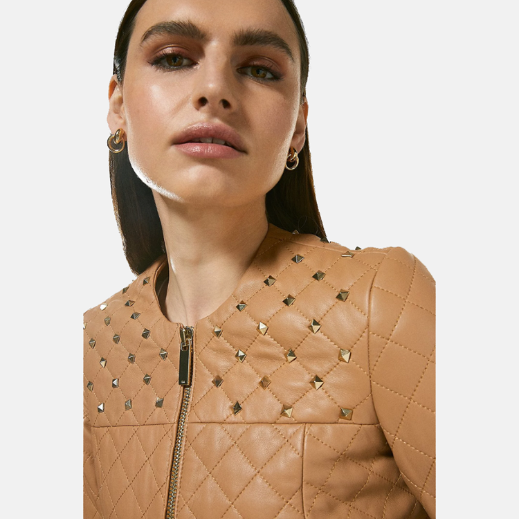Women’s Tan Beige Leather Studded Bomber Jacket 3A MOTO LEATHER