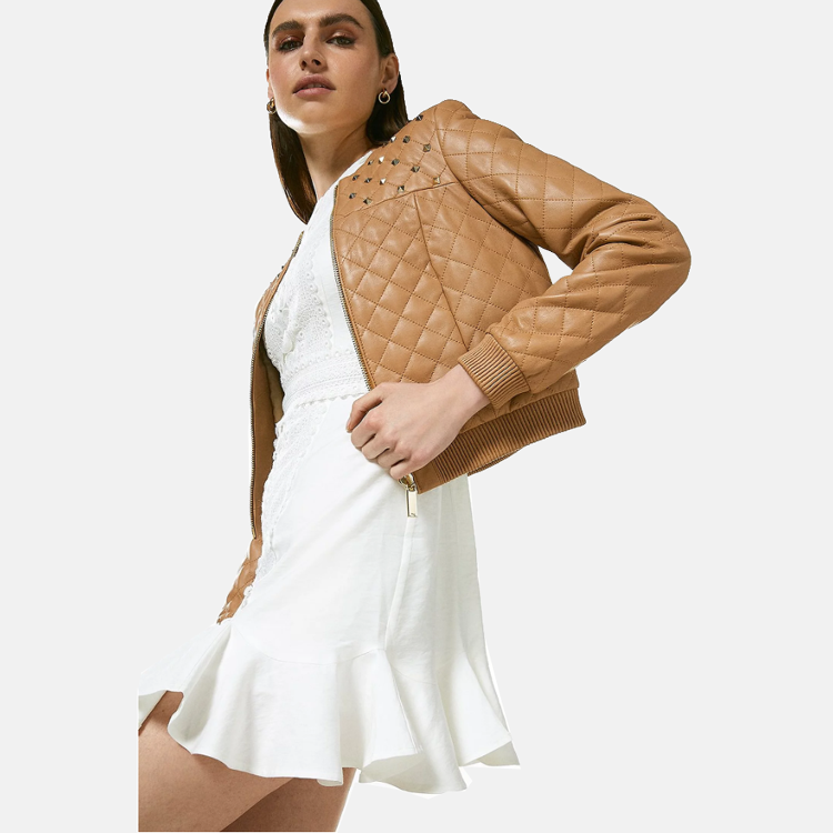 Women’s Tan Beige Leather Studded Bomber Jacket 3A MOTO LEATHER