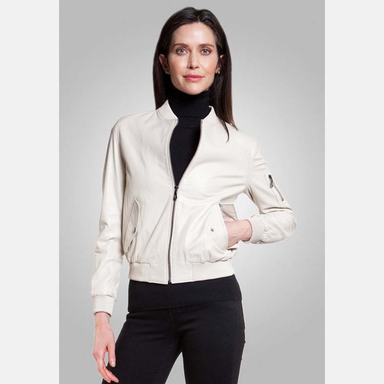 Women’s White Leather Bomber Jacket 3A MOTO LEATHER