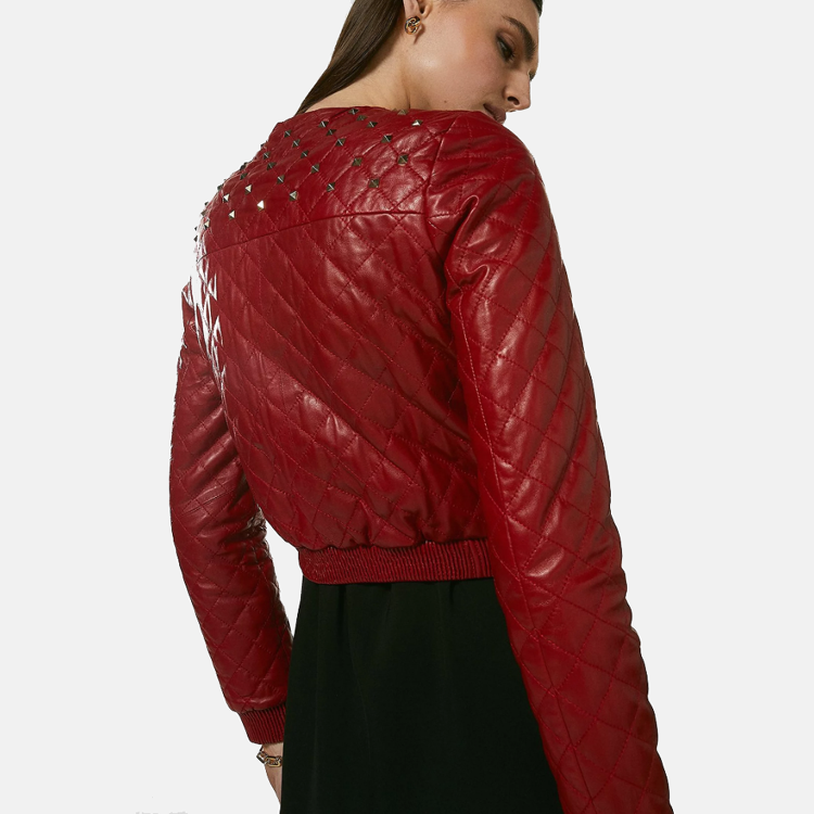 Women’s Wine Red Leather Studded Bomber Jacket 3A MOTO LEATHER