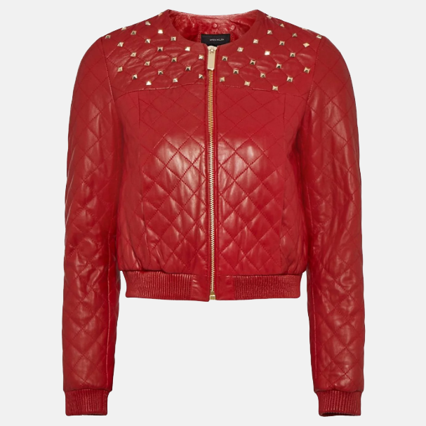 Women’s Wine Red Leather Studded Bomber Jacket 3A MOTO LEATHER