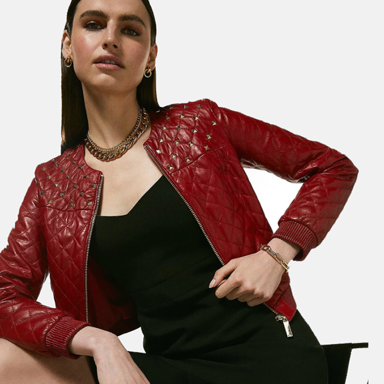 Women’s Wine Red Leather Studded Bomber Jacket 3A MOTO LEATHER